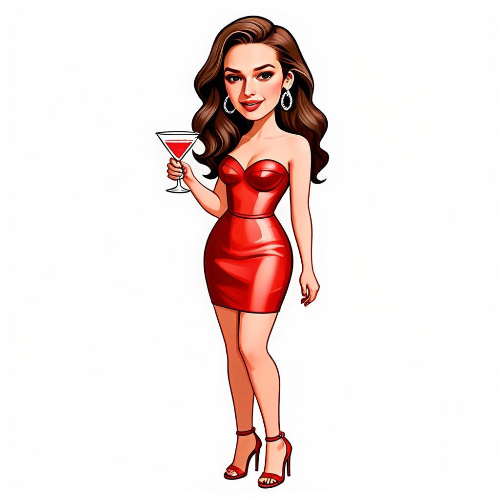 Glamorous Woman in Red Cocktail Dress Holding Martini Glass Illustration