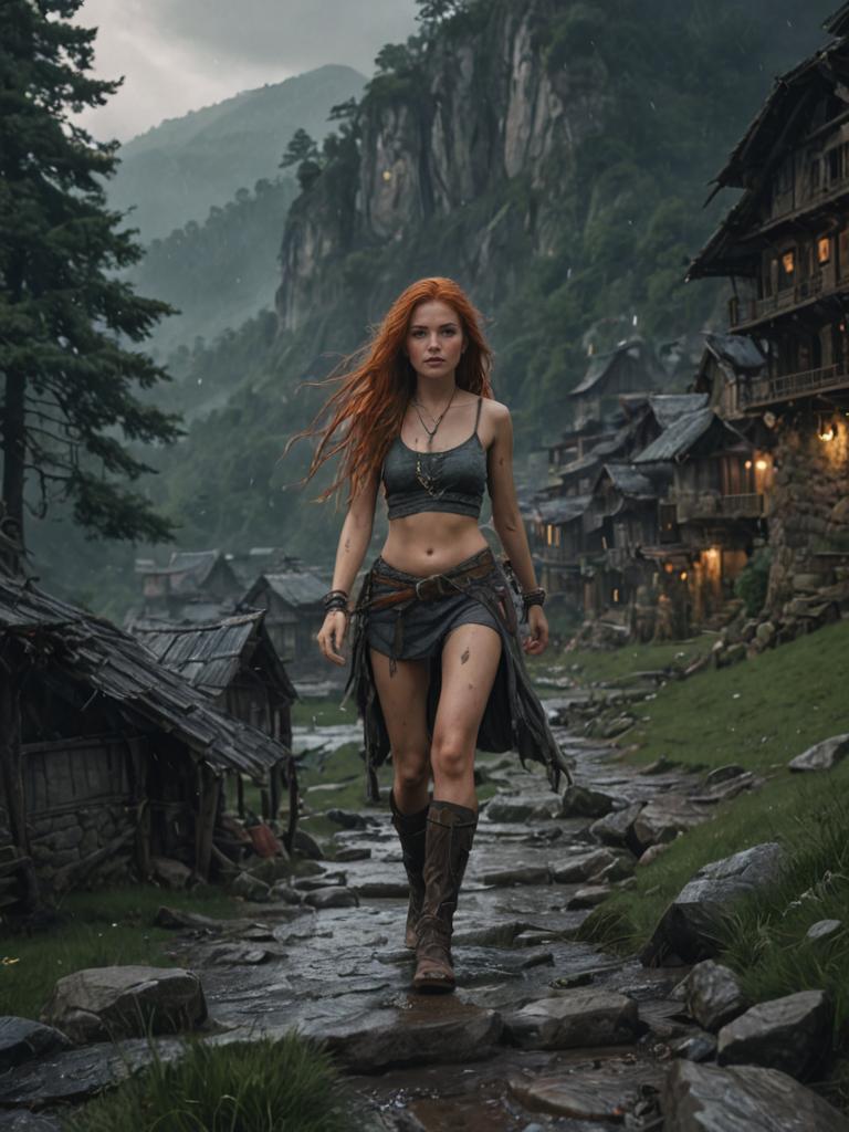 Artistic portrait of a strong woman with messy red hair in a historic village