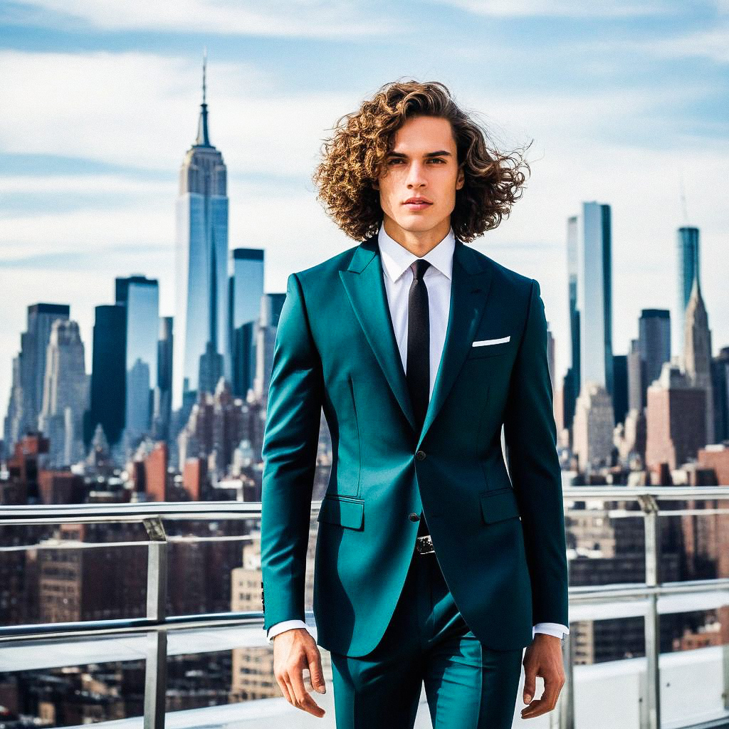 Stylish Young Man in Teal Suit Against NYC Skyline Stylish Young Man in Teal Suit Against NYC Skyline