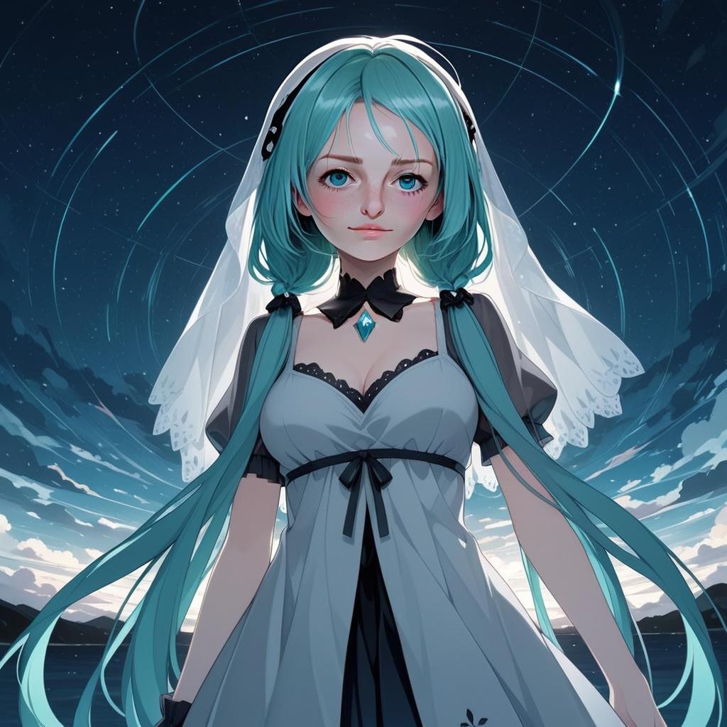 Hachune Miku Digital Art Night Sky Illustration with Teal Hair Woman