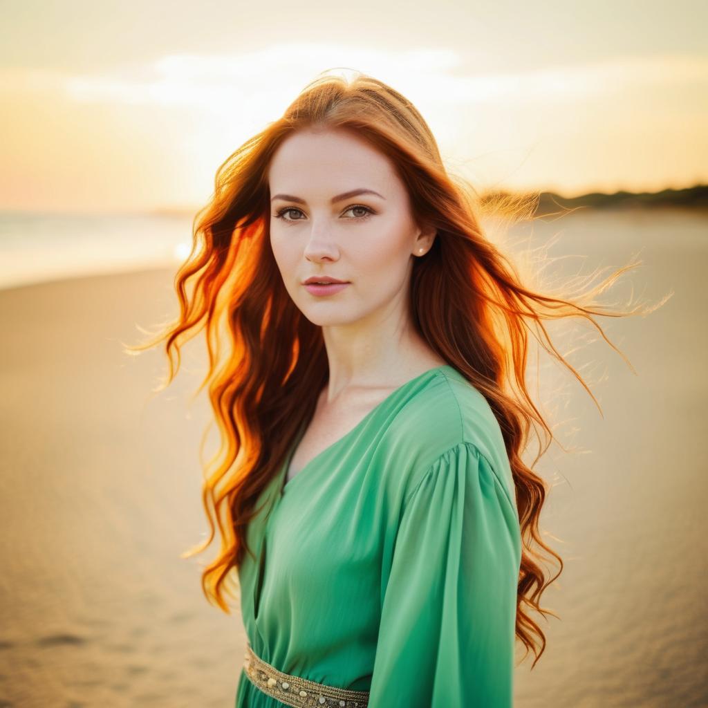 Red Haired Woman in Green Dress on Beach at Sunset