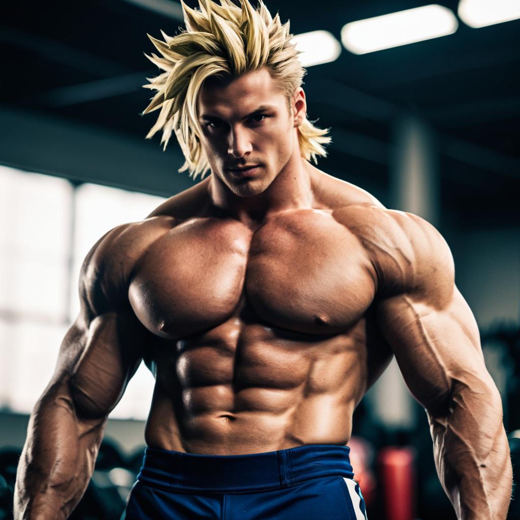 Muscular Man with Spiky Blonde Hair Showing Bodybuilding Physique in Gym
