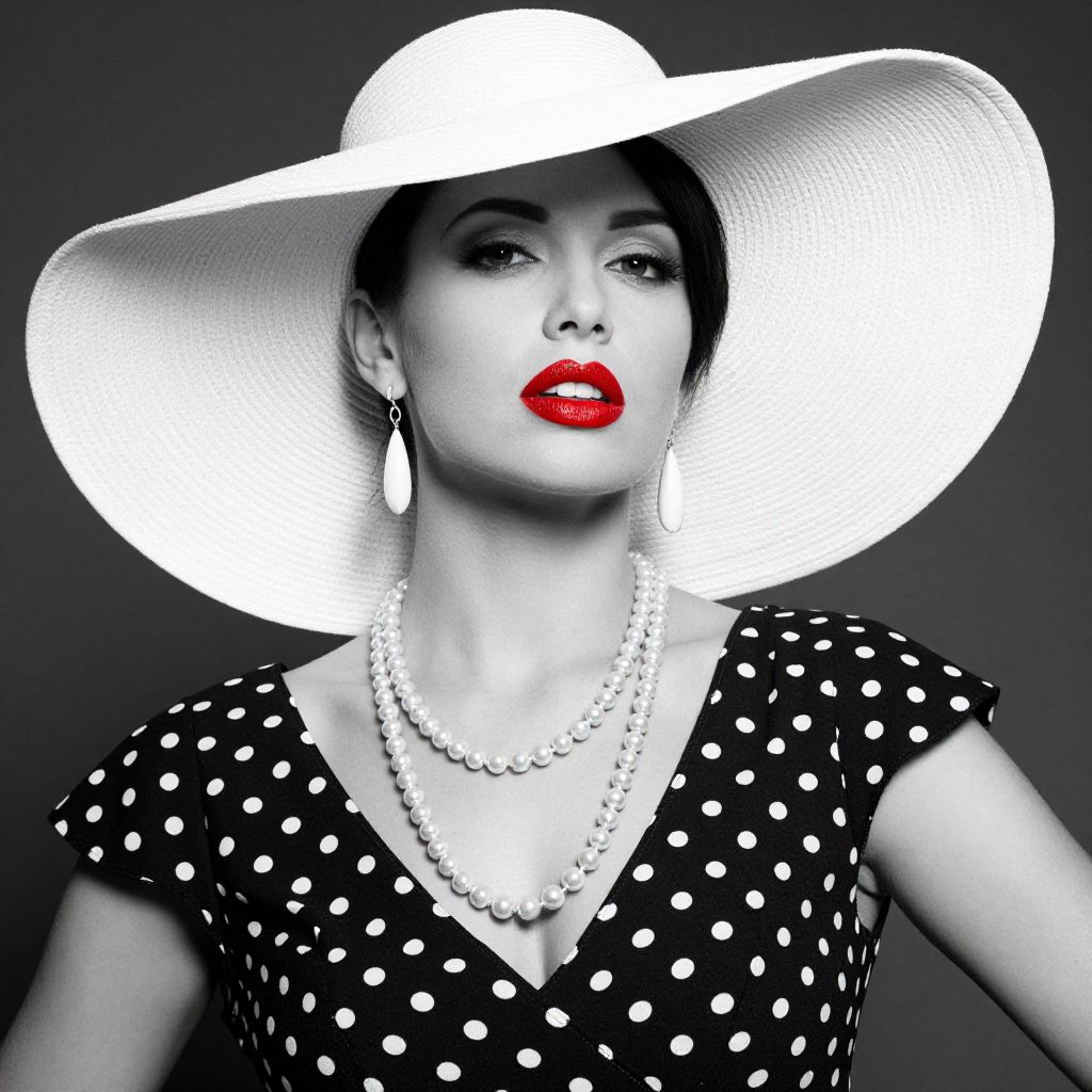 Vintage Glamour Woman in Polka Dot Dress with Wide-Brimmed Hat