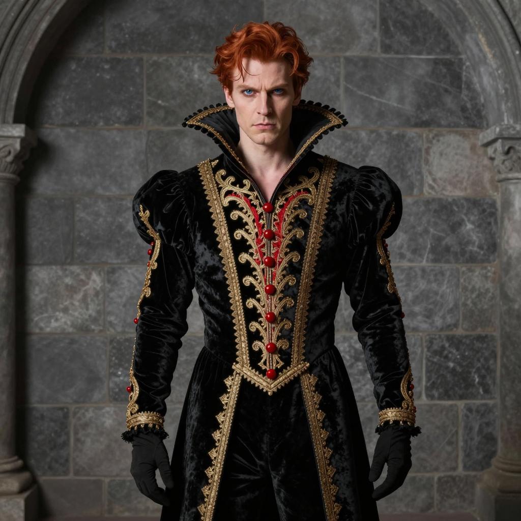 Man in Elaborate Renaissance Style Velvet Costume with Red Hair