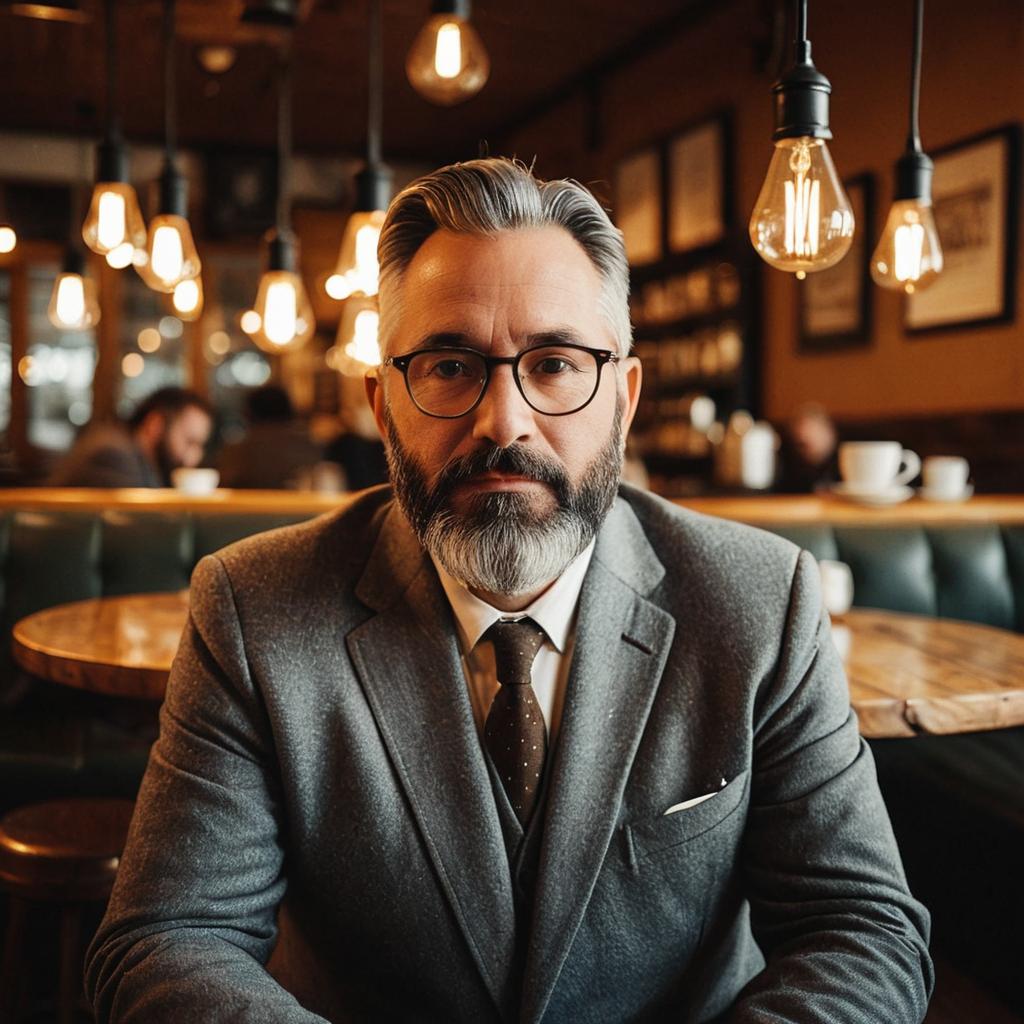Distinguished Mature Man in Gray Suit Sitting in Vintage Café with Warm Lighting