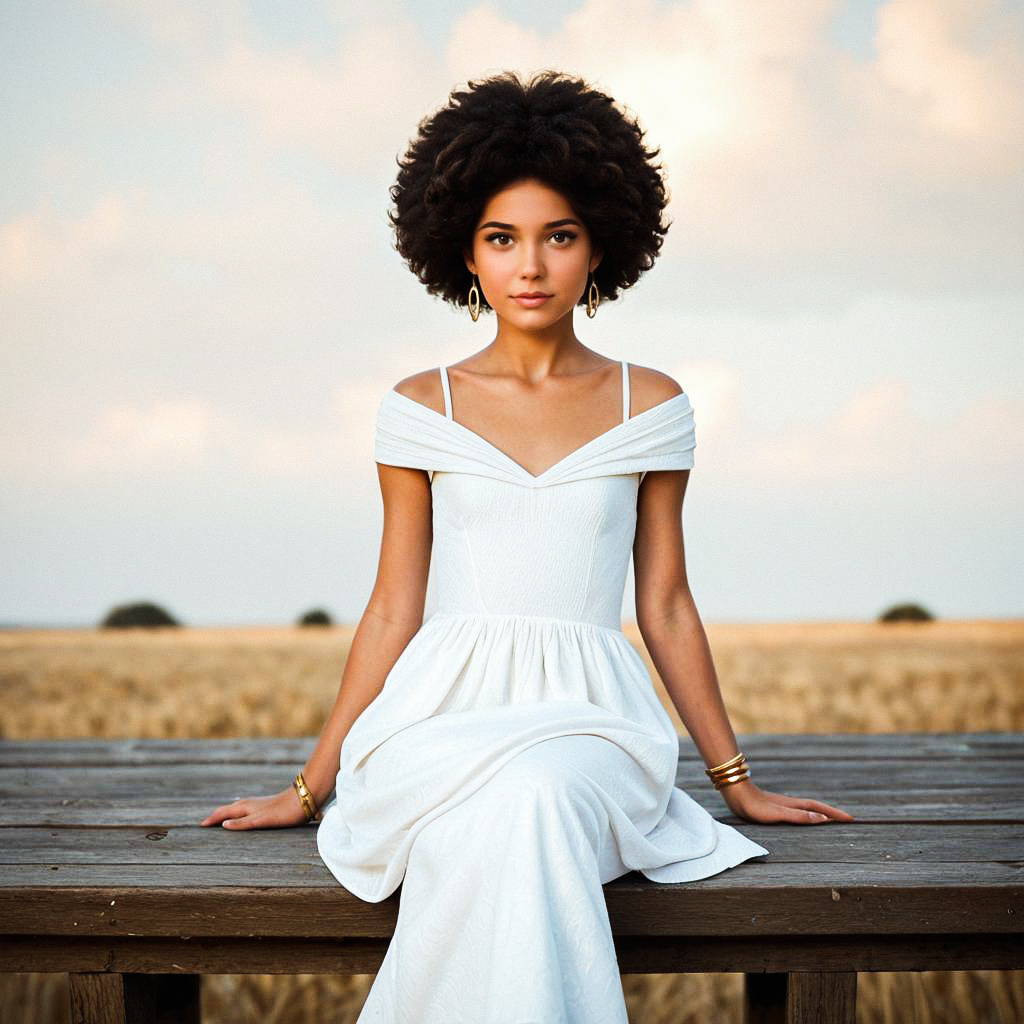 Serene Young Woman in White Dress on Wooden Platform
