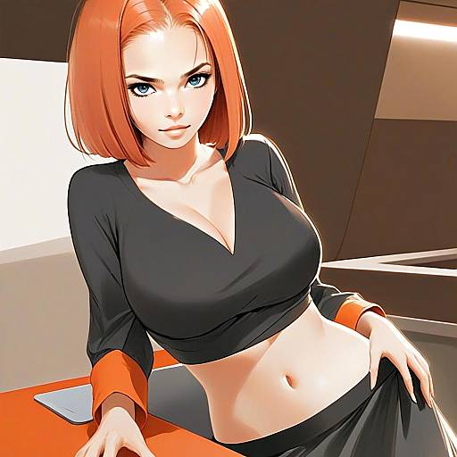 Anime Style Portrait of Young Woman with Red Hair in Black Crop Top