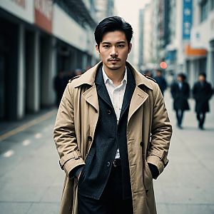 Stylish Man in Beige Trench Coat on City Street