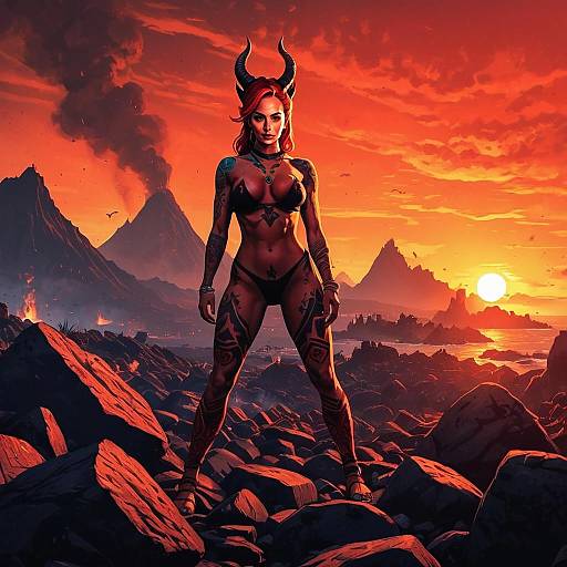 Dark Fantasy Woman with Horns and Tattoos in Volcanic Sunset Landscape