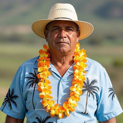 Man Wearing Hawaiian Shirt and Flower Lei with Straw Hat Outdoors
