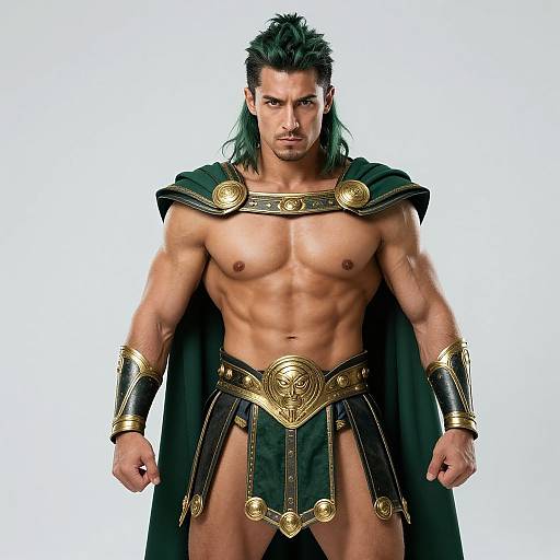 Muscular Man in Ancient Warrior Costume with Green Cape