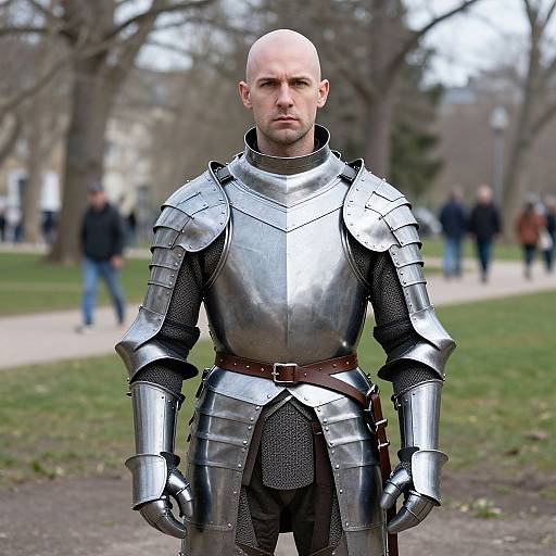 Bald Man Wearing Full Medieval Armor in Park