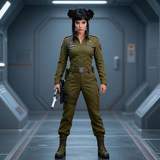 Futuristic Woman in Military Uniform Holding Gun in Sci-Fi Corridor