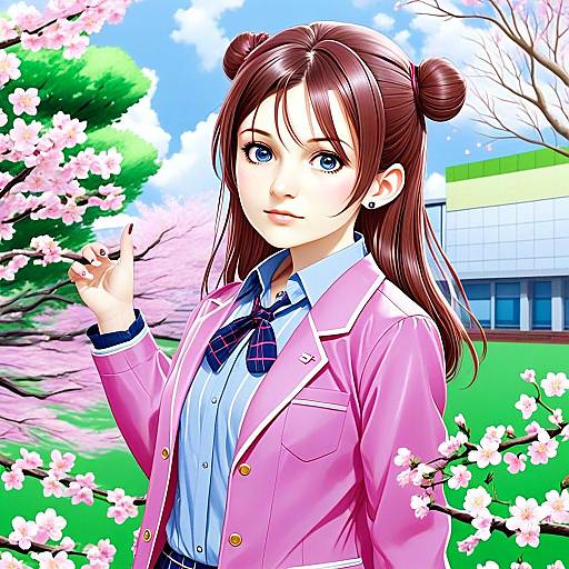 Hanami Saki Anime Girl with Cherry Blossoms in School Uniform