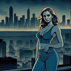 Confident Woman on Rooftop Overlooking City at Dusk