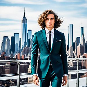 Stylish Young Man in Teal Suit Against NYC Skyline