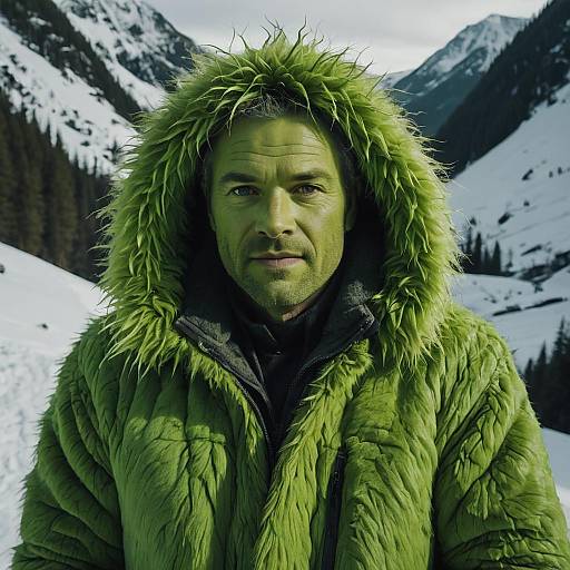 Man Wearing Green Fur Hooded Jacket in Snowy Mountain Landscape