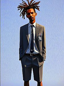 Young man in gray blazer and shorts with dreadlocks