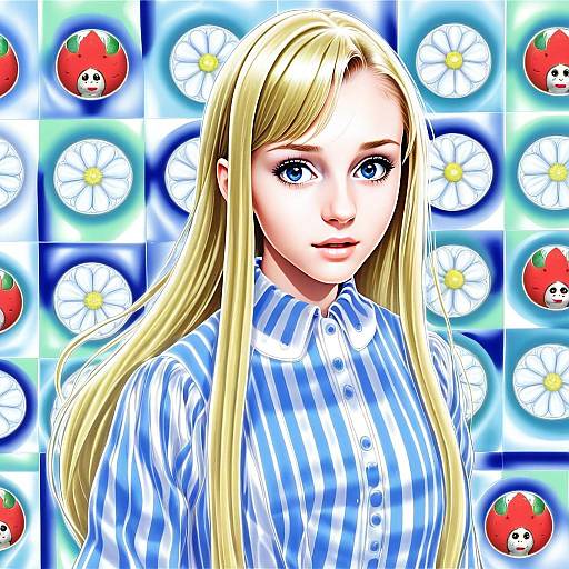 Anime Style Portrait of Blonde Woman with Blue Eyes and Striped Blouse