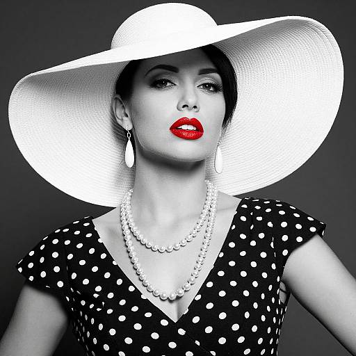 Vintage Glamour Woman in Polka Dot Dress with Wide-Brimmed Hat