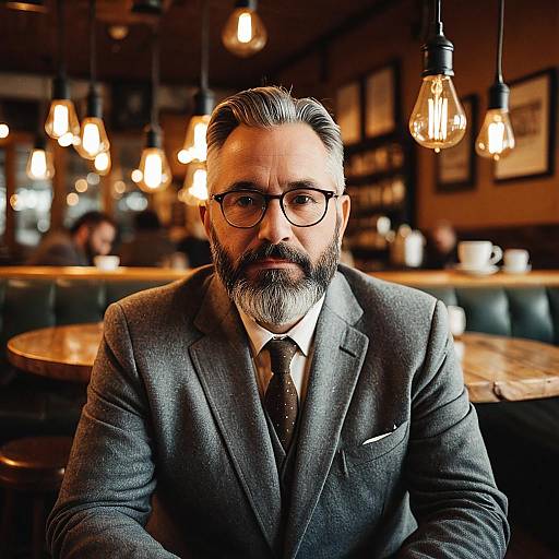 Distinguished Mature Man in Gray Suit Sitting in Vintage Café with Warm Lighting