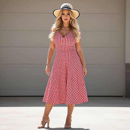 Woman in Red White Gingham Dress and Straw Hat Standing Outdoors