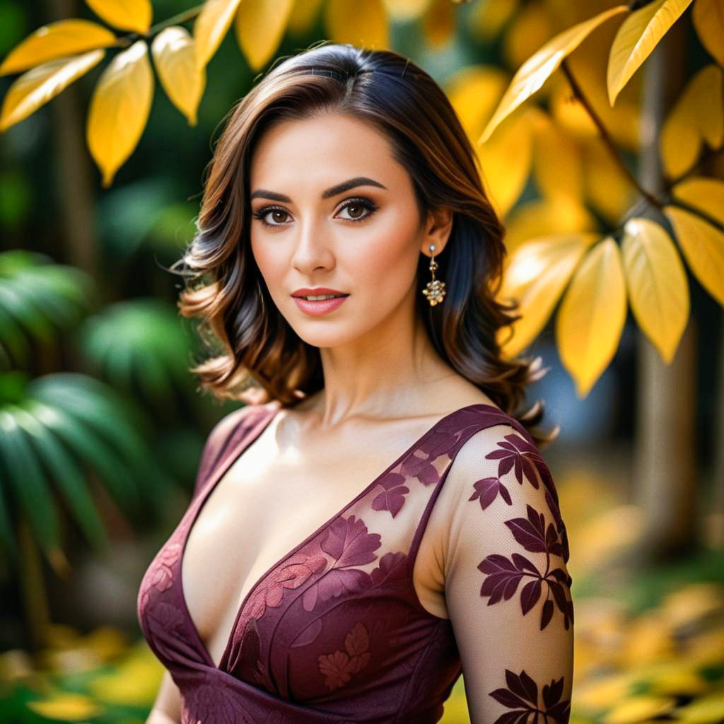 Elegant Woman in Burgundy Dress Amidst Autumn Leaves