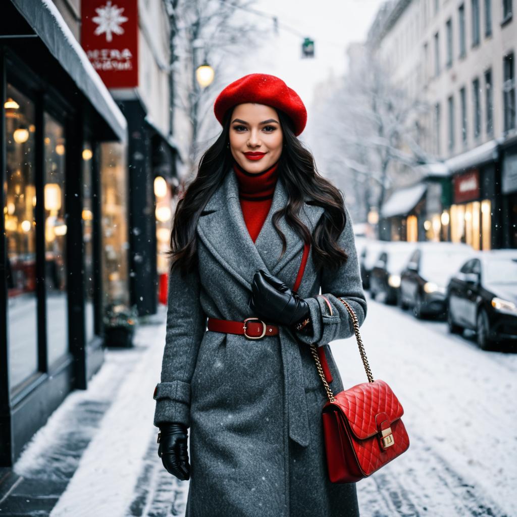Fashionable Woman in Grey Coat and Red Beret Walking in Snowy City