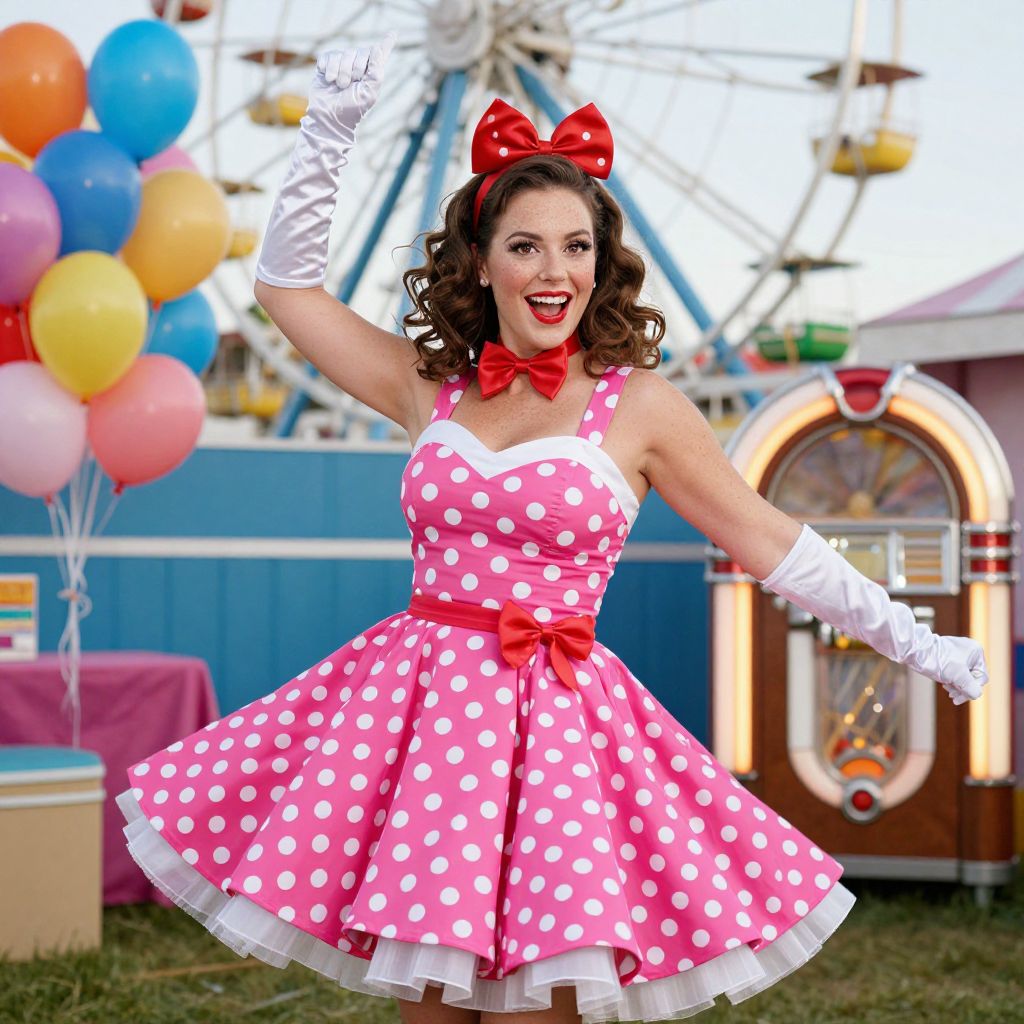 Retro Style Woman in Pink Polka Dot Dress at Carnival