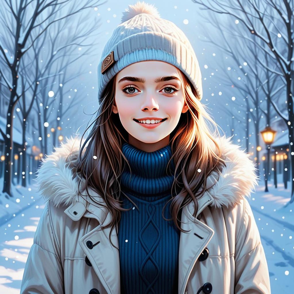 Young Woman in Winter Coat and Beanie Standing in Snowy Evening Digital Art