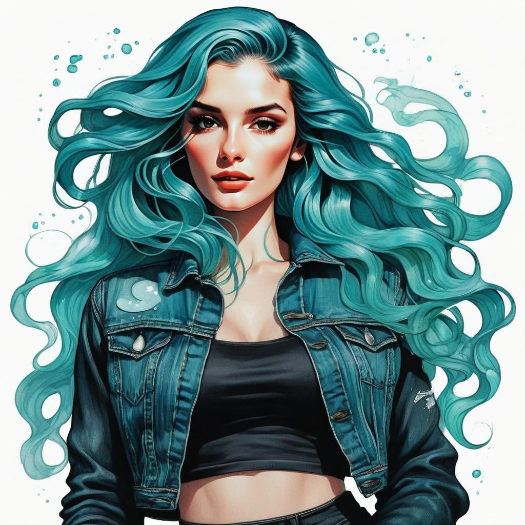 Confident Young Woman with Teal Hair in Denim Jacket Confident Young Woman with Teal Hair in Denim Jacket