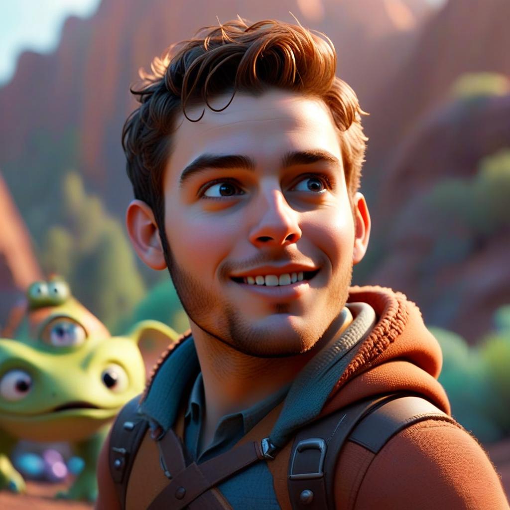 Young Adventurer with Blue Eyes and Whimsical Creature Young Adventurer with Blue Eyes and Whimsical Creature