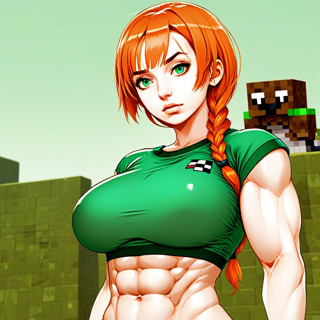 Muscular Woman with Green Eyes in Minecraft-Inspired Anime Style