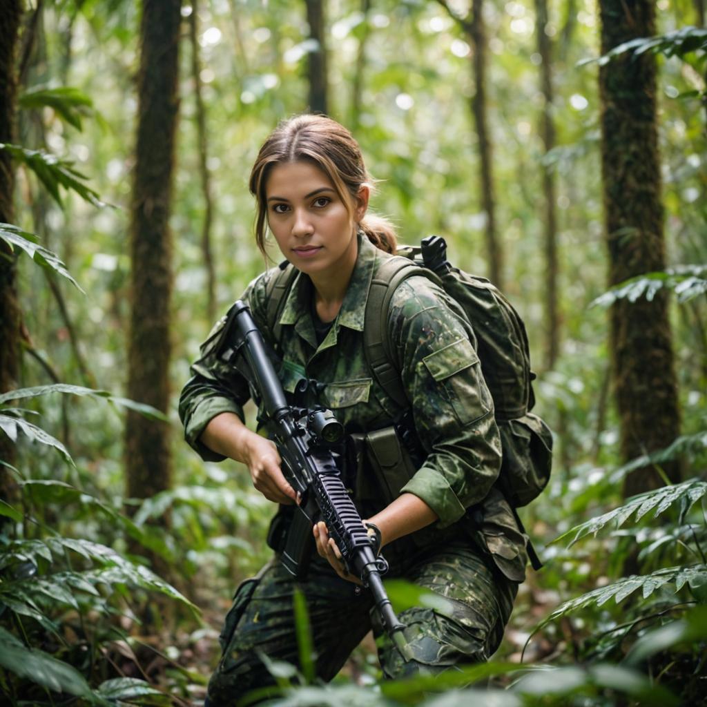 Woman in Camouflage with Gun in Forest