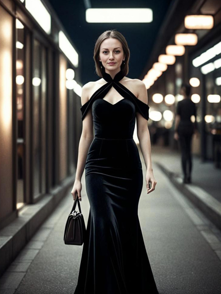 Elegant Woman in Black Gown at Night