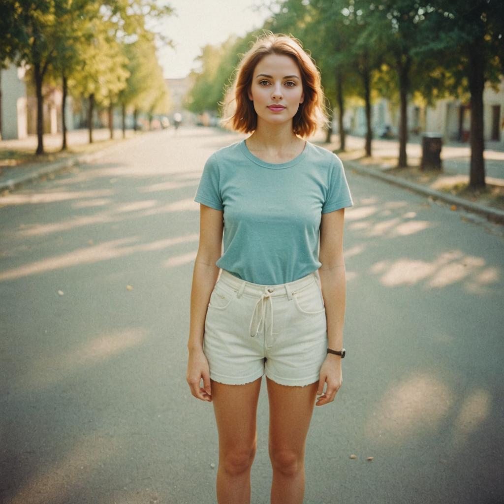 Woman on Tree-Lined Street in Lomography Style