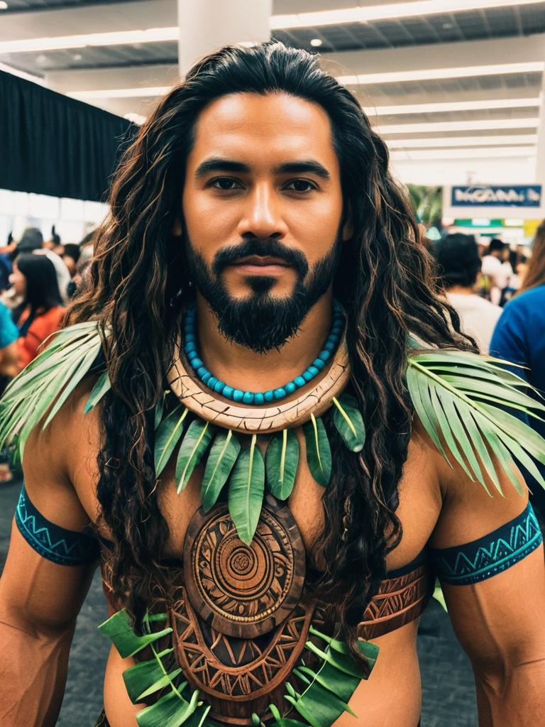 Man in Moana Costume at Cosplay Festival Photorealistic Portrait Man in Moana Costume at Cosplay Festival Photorealistic Portrait