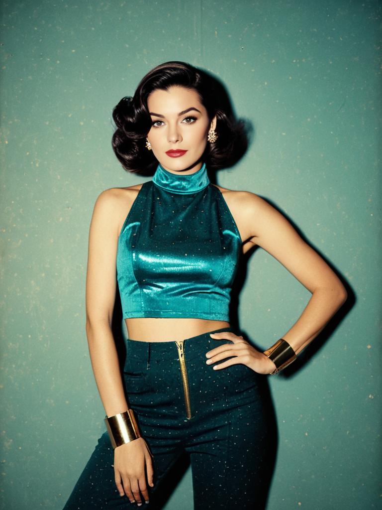 Modern Urban Woman in Sleek Sleeveless High-Neck Crop Top with Metallic Specks