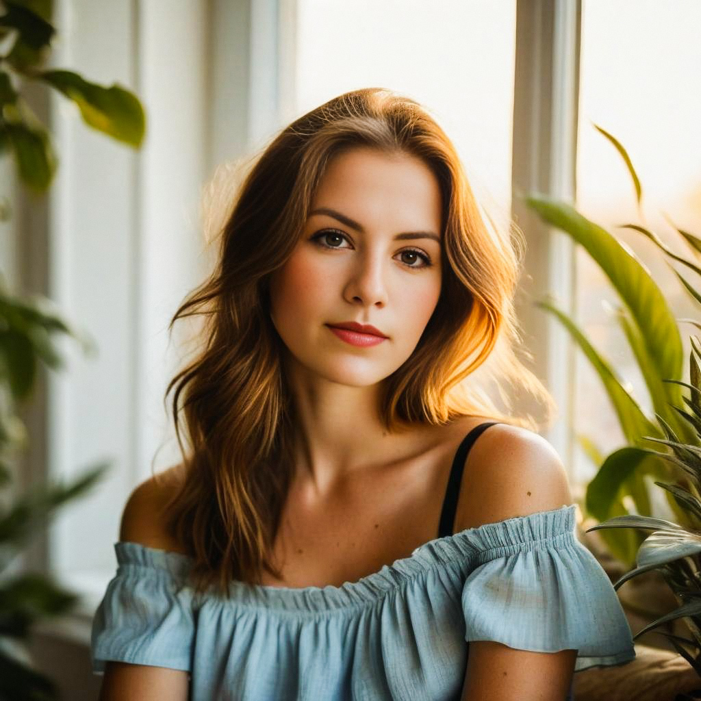 Young Woman with Light Brown Hair Posing Indoors by Window