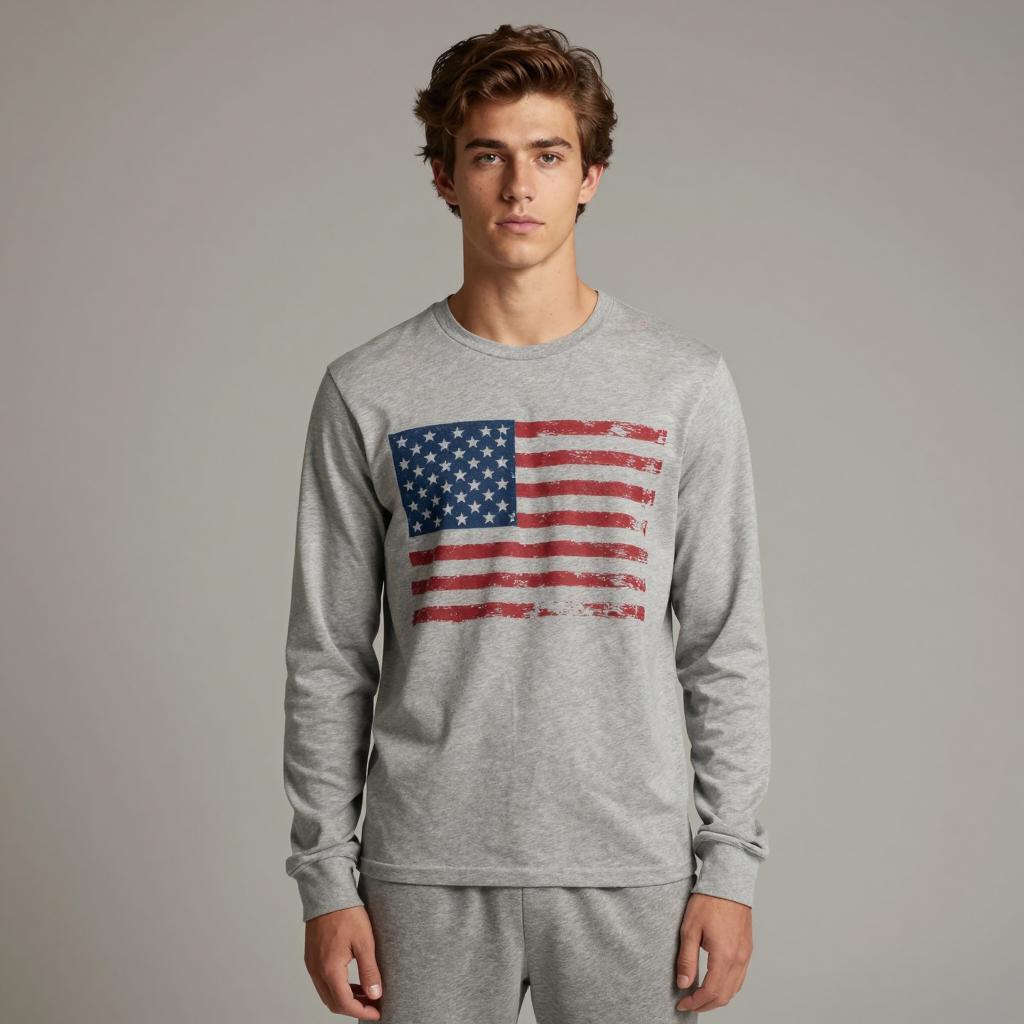 Young Man Wearing Grey Long Sleeve Shirt with Distressed American Flag Print