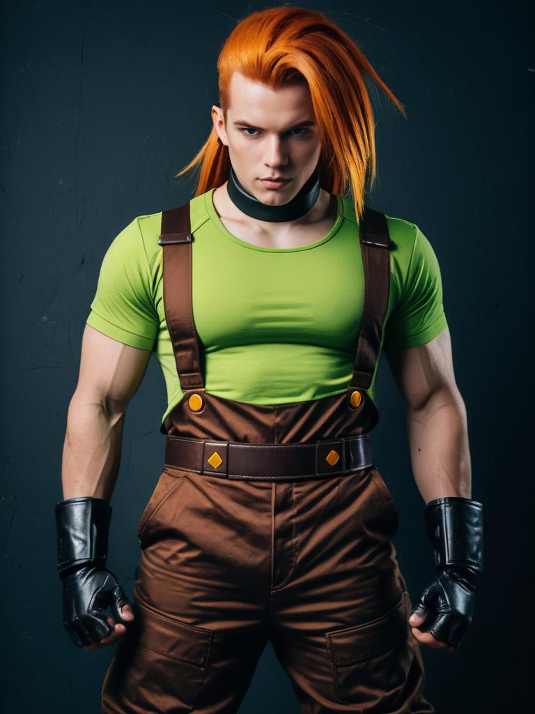 Realistic Android 13 Cosplay Man with Orange Hair and Green Shirt