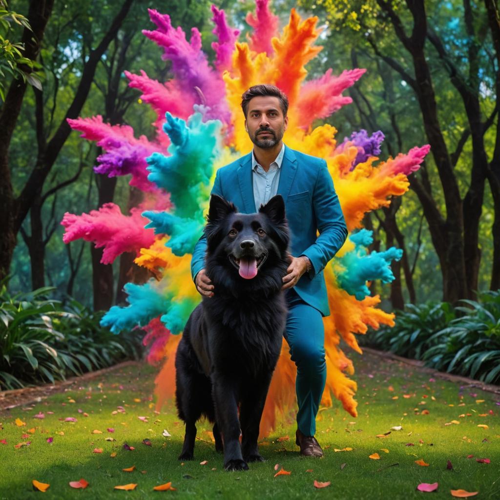 Stylish man in blue suit with black dog in colorful smoke