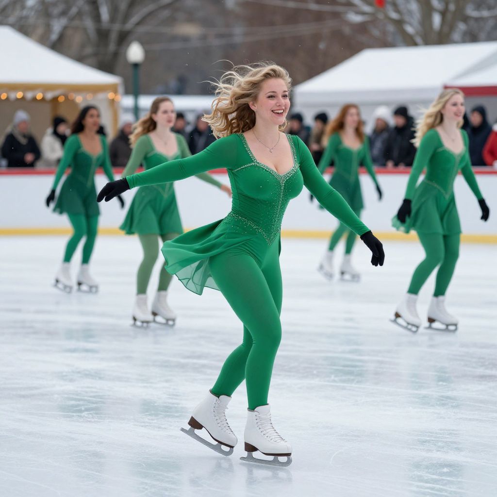 Women Ice Skaters in Green Costumes Performing Synchronized Routine on Outdoor Rink
