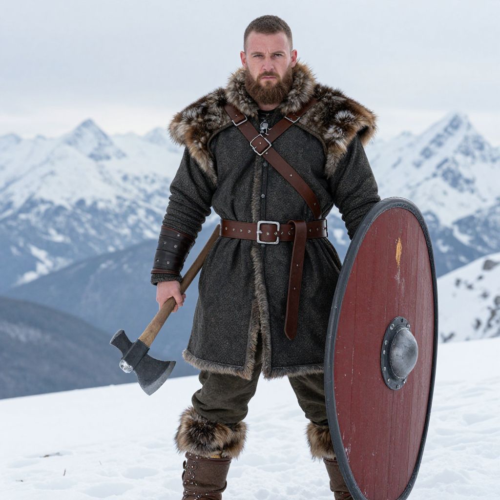Viking Warrior Man in Fur Coat Holding Axe and Shield in Snowy Mountains