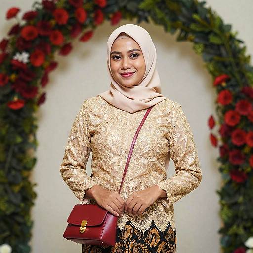 Elegant Woman in Beige Hijab and Embroidered Kebaya with Red Handbag