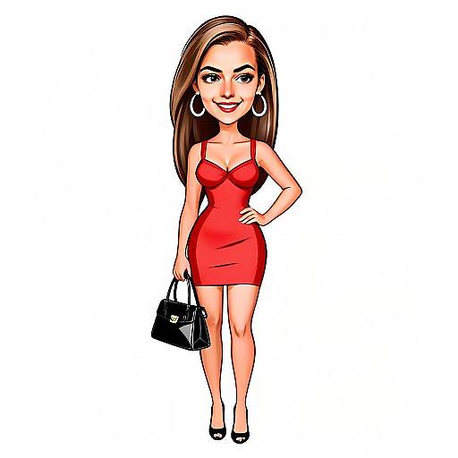 Caricature of Woman with Pretty Face and Hair Wearing Red Dress