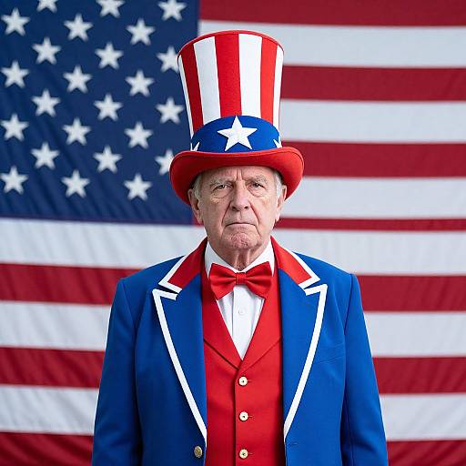 Patriotic Elderly Man in Uncle Sam Costume with American Flag