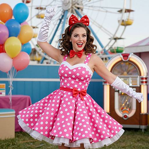 Retro Style Woman in Pink Polka Dot Dress at Carnival