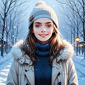 Young Woman in Winter Coat and Beanie Standing in Snowy Evening Digital Art