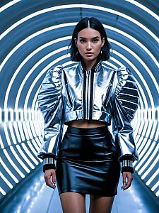 Futuristic Fashion Woman in Metallic Jacket and Black Leather Skirt
